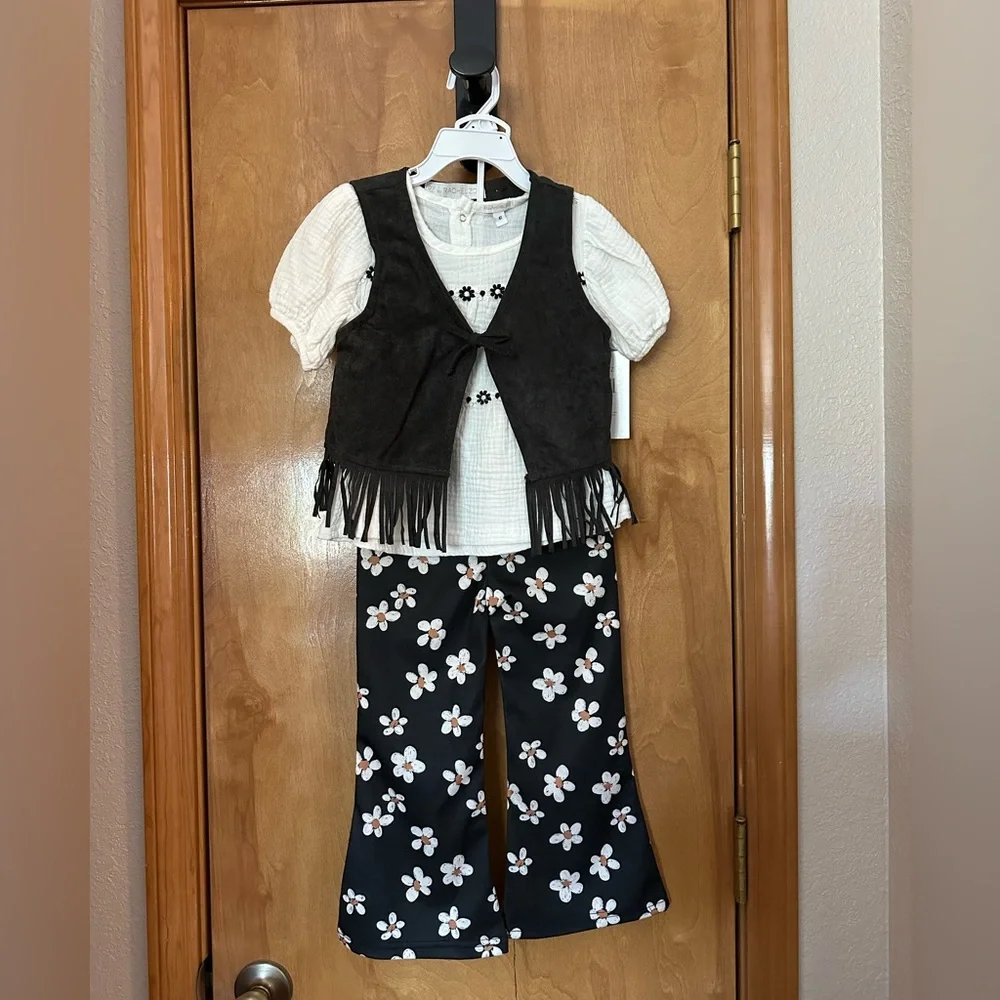 4 pc. Rachel Zoe Black Fringe Vest and Floral Pants Set